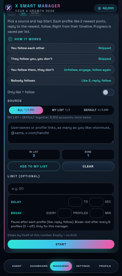 Sorsa Score Booster settings in X SMART MANAGER